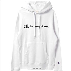 white blackouts script champion hoodie.